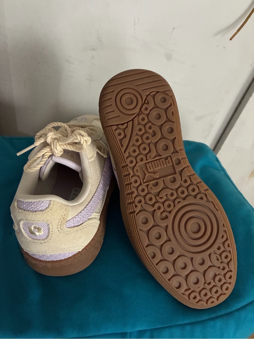 Puma Big Kids/Women Beige and Lavender Suede Sneakers with Gum Sole without Box
